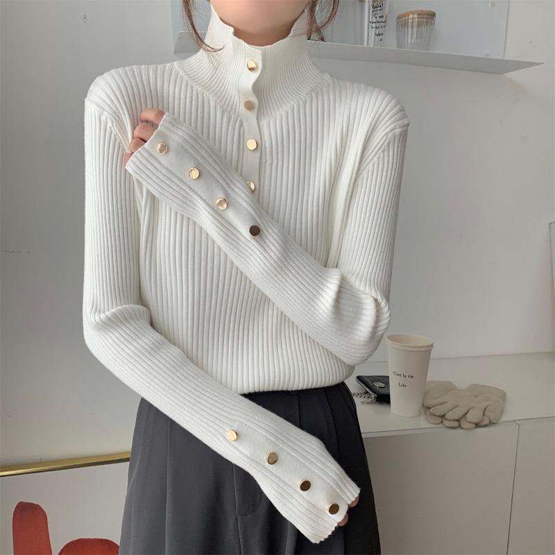 Half-turtleneck Pit Strip Long-sleeved Knitted Bottoming Shirt Women's Autumn and Winter Design Sense Button-up Sweater Slim-fit Top