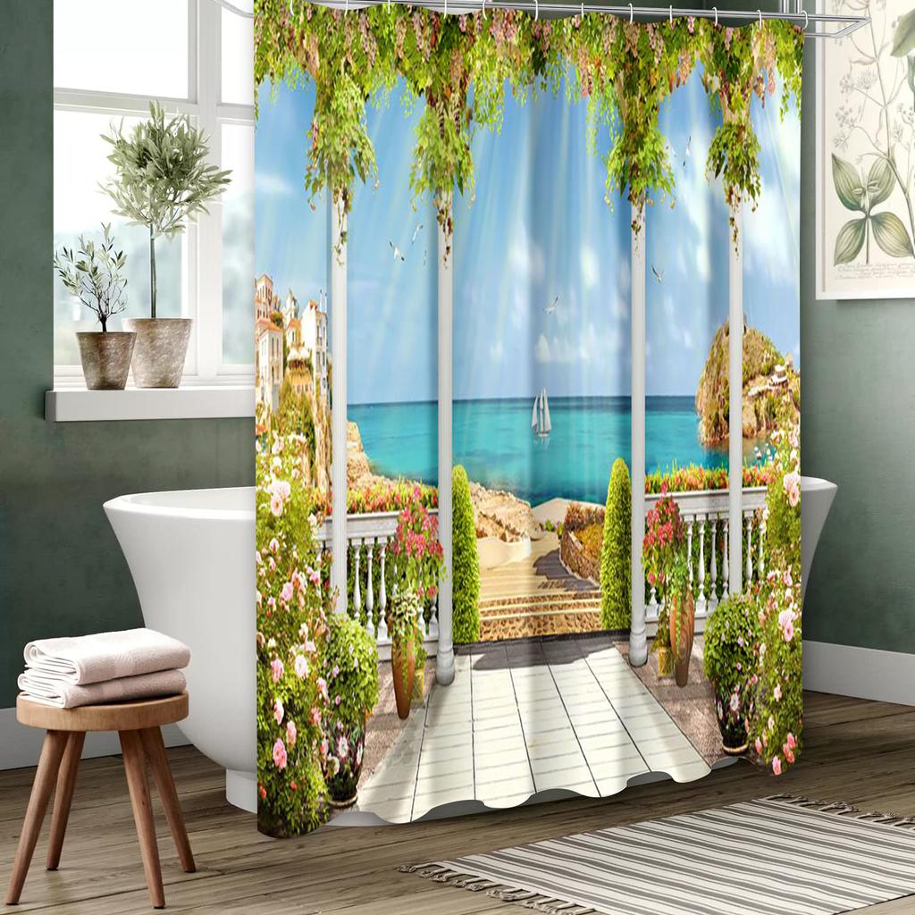 Landscape Pattern Bathing Curtain  Bathroom Shower Curtain Waterproof With 12 Hooks Home Deco Free Ship