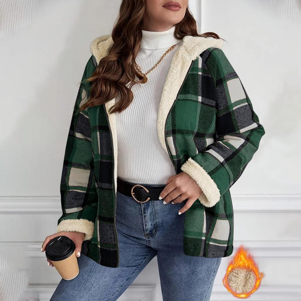 Women's Winter Plaid Hooded Jacket with Warm Plush Lining, Full-Zip Closure and Long Sleeves for Casual Daily Wear