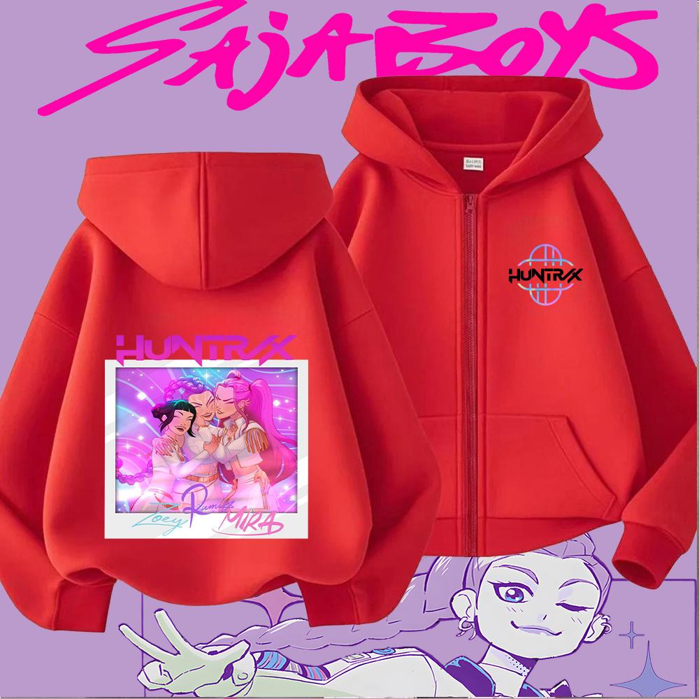Huntrix Girls Zoey Rumi Mira Cartoon Print Kids' Zipper Hoodie Casual Long Sleeve Sweatshirt for Children