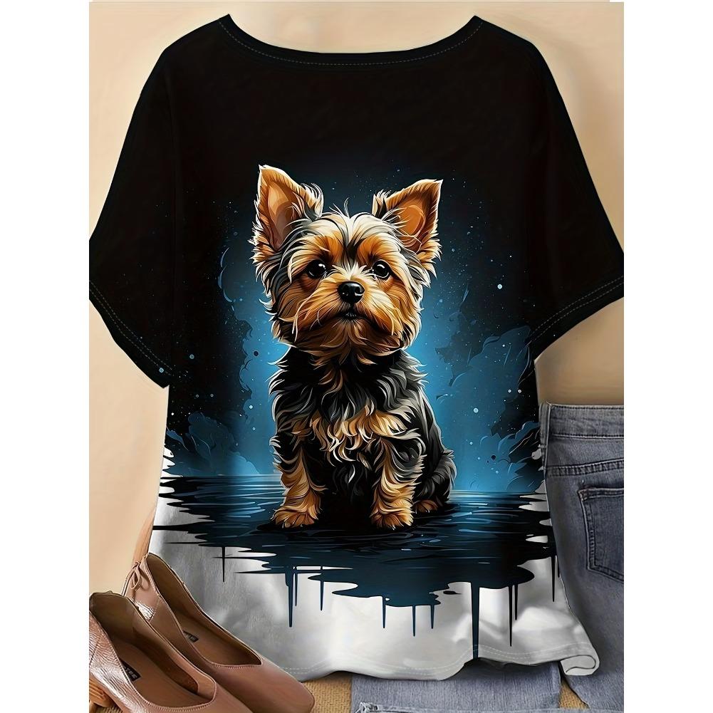 Plus Size Casual Crew Neck Short Sleeve Cartoon Animal Print T-Shirt - Soft Stretch Polyester Fabric Spring and Summer Womens Relaxed Fit Clothing