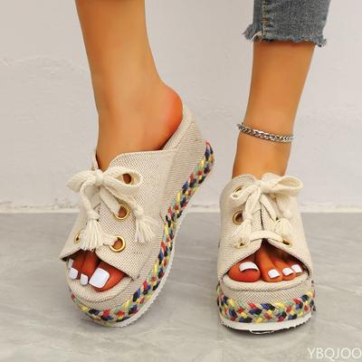 Women Summer Shoes 2025 Summer Lace Up Height Increase Wedge Slippers Women Plus Size Closed Toe Straw Platform Sandals Woman