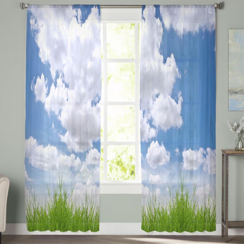 Niebieskie Niebo Białe Chmury Łąka Przezroczyste Zasłony do Salonu Woalowa Zasłona Sypialnia Łazienka Tiulowe Zasłony Dekoracje Okienne
