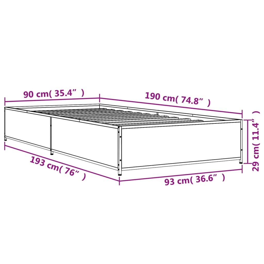 Bed Frame Grey Sonoma 90 x 190 cm Particleboard and Metal