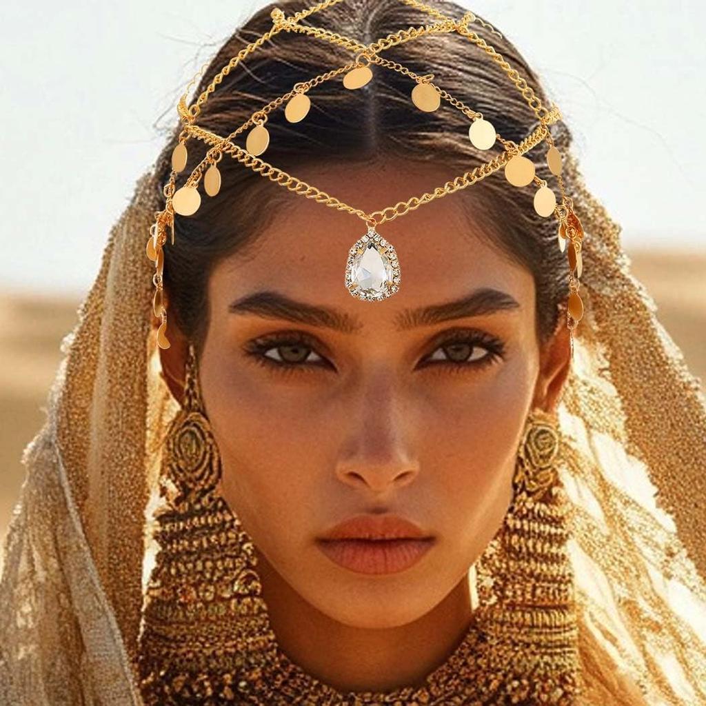 Fashey Boho Sequins Head Chain Gold Mesh Headpiece Cap Wedding Hair Accessories for Women