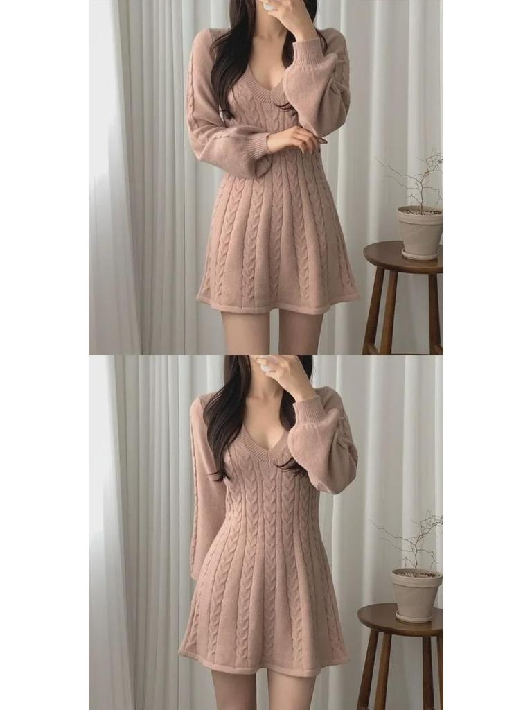 Korean Style Autumn/Winter 2024 Lantern Sleeve V-Neck Cinched Waist Knit Dress and Sweater Skirt