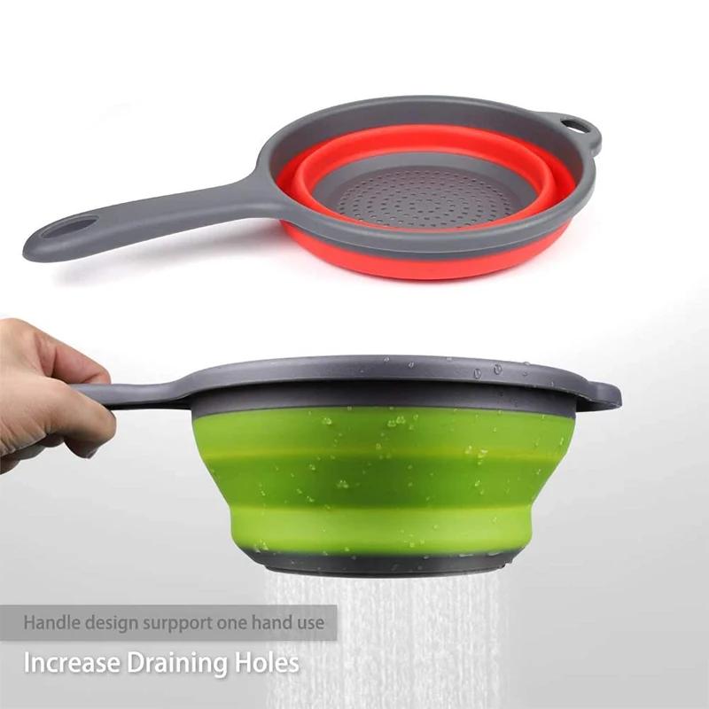 LMETJMA Silicone Collapsible Colander with Handle Kitchen Folding Strainer Colander for Draining Pasta Vegetable Fruit JT111