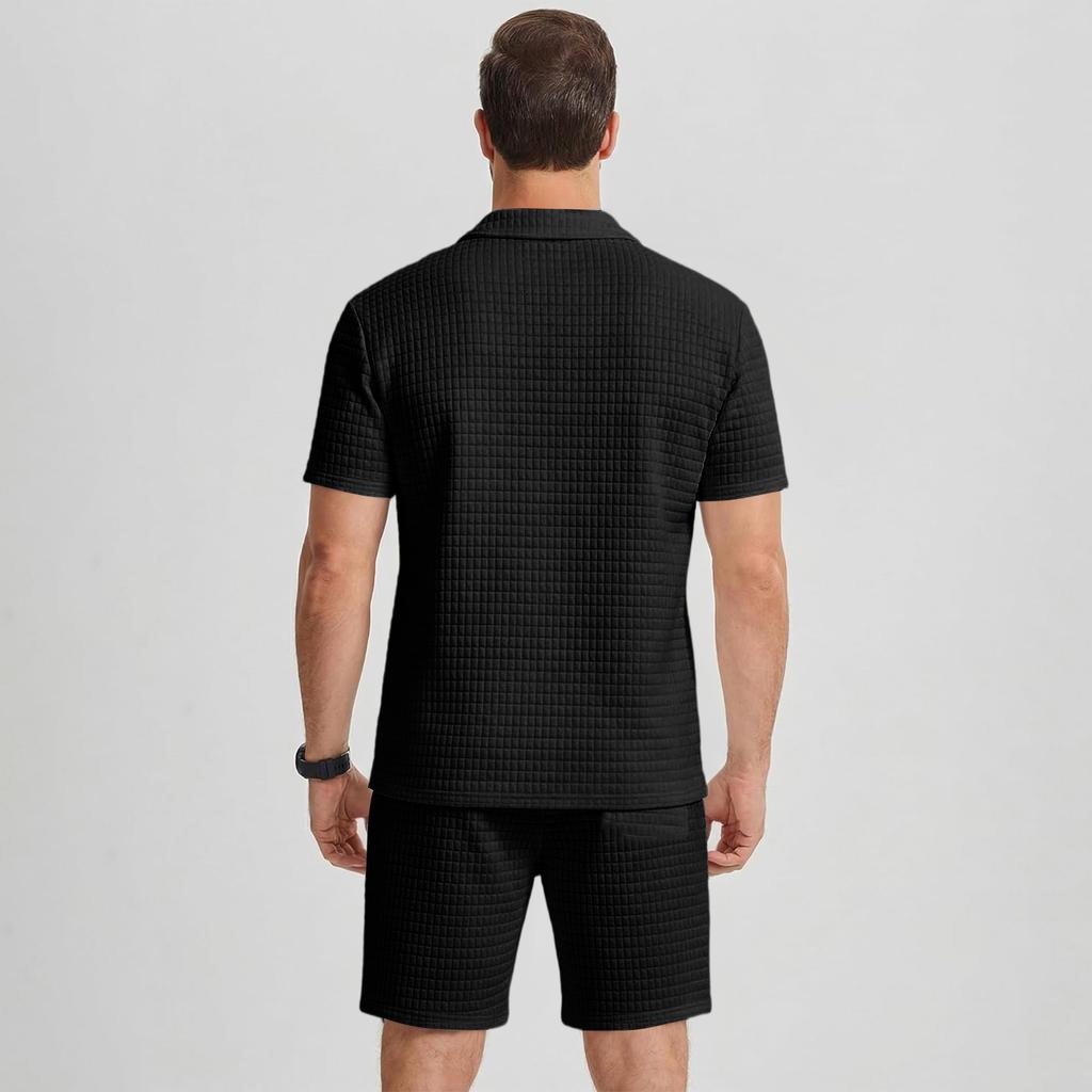 Men's Casual Retro Waffle Knit Short Sleeve Zip Collar Shirt with Drawstring Waist Shorts Set Lightweight Breathable Fabric Summer Outfit