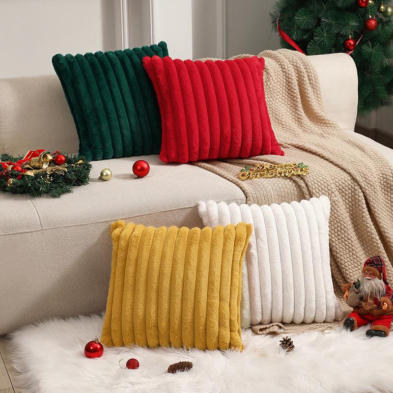 Autumn & Winter Plush Stripe Lumbar Pillow - Christmas Orange & Halloween Rabbit Fur Texture Throw Cushion