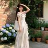 Seaside vacation style suspender skirt yarn French ruffle edge beach dress atmosphere long dress elegant female fan