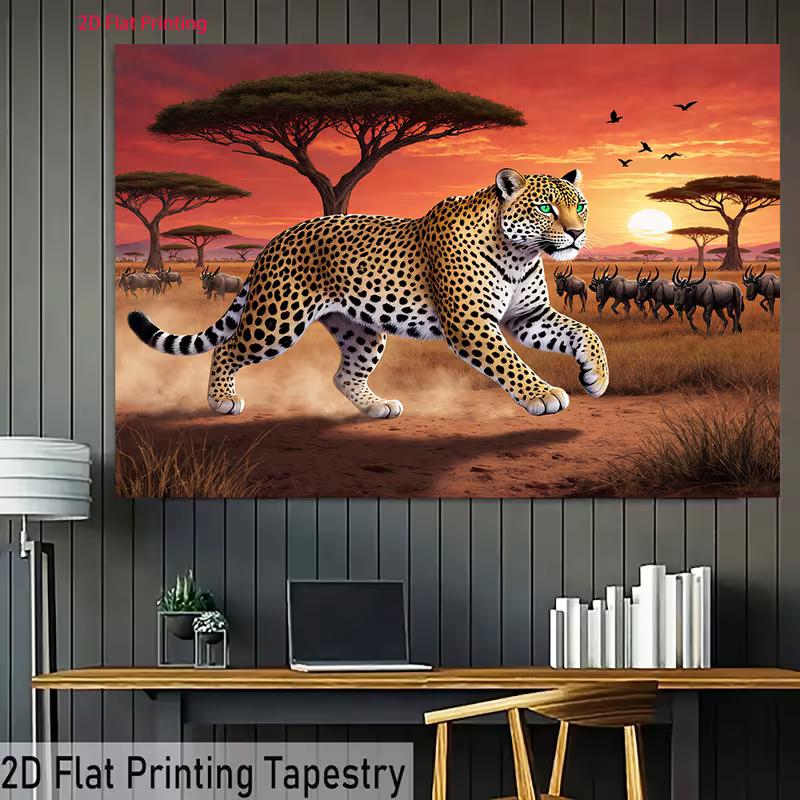 Wild Safari Tapestry, Dramatic Scene of a Powerful Leopard Running Across the African Savanna Under a Fiery Sunset Sky, Bold Wildlife Wall Art