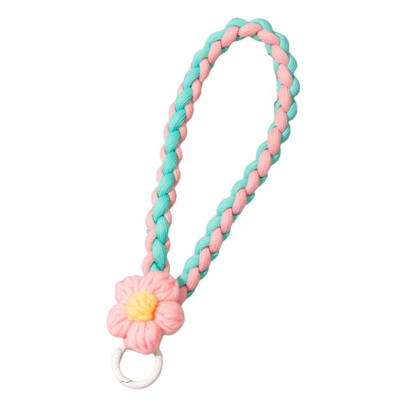 Colorful Braided Lanyard Keychain with Flower Charm Anti Lost Phone Strap Fashionable Car Key Holder Accessories