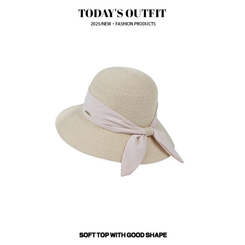 Neuer Damen-Strohhut für Frühling und Sommer, frische Strohflechterei, Strandurlaub, einfacher Sonnenschutz, modische süße Schleife, Strohhut, Fischerhut