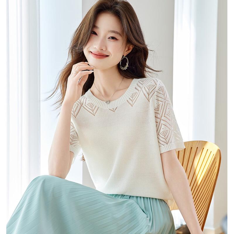 Srcr Women's Premium Hollow-Out Knit Short Sleeve Top with Silk Blend