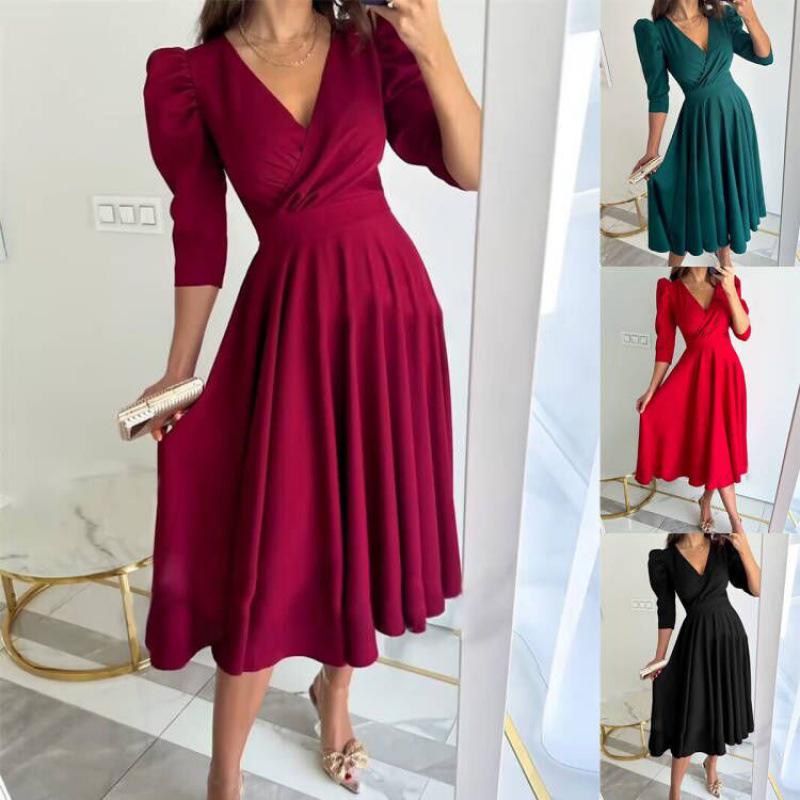Autumn V-neck Waist-Cinching Bubble Sleeve Swing Dress