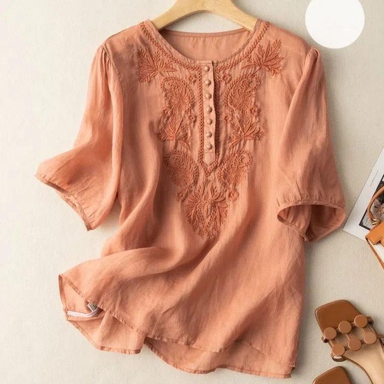 Bluse aus Baumwollleinen mit Blumendruck für Damen, Frühling und Sommer, literarisches Retro-Stickerei-Oberteil, lässig, kontrastfarben, Rundhalsausschnitt