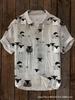 Summer Fashion Large Size Youth Men's Short Sleeve Shirt Linen Cardigan Lapel Funny Cat Ink Painting Print