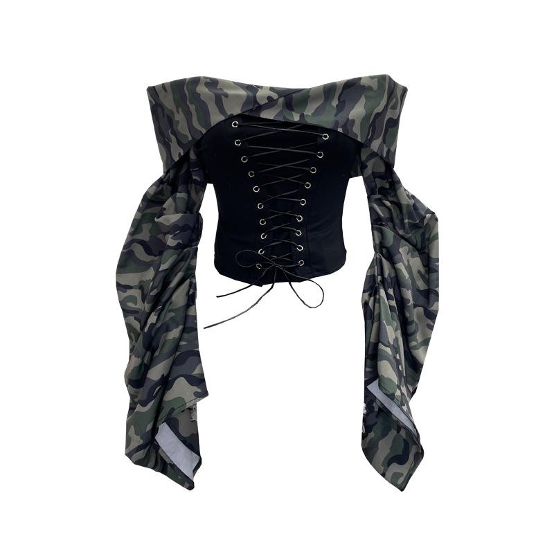 American Retro Camouflage Lace-up Pleated Shirt