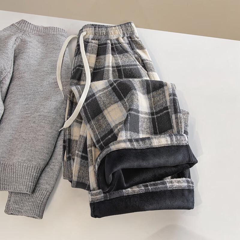 Women's Plaid High-Waist Fleece-Lined Wide-Leg Casual Pants