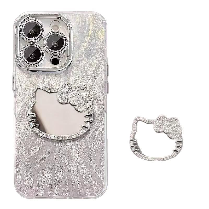 Fine Hole Flashing Powder Feather Yarn Suitable for Apple 16 Mobile Phone Case KT Cat with Mirror Iphone15promax Protective Case 14