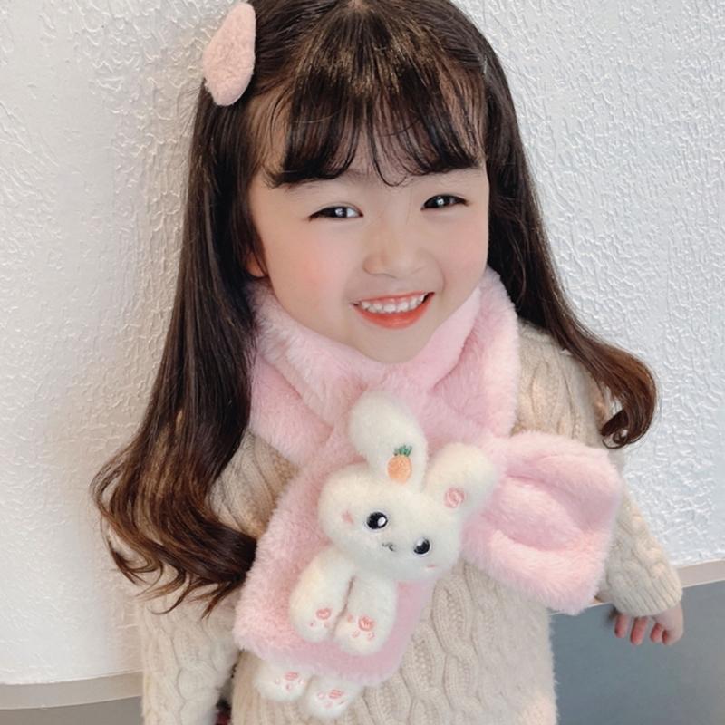 Girls Winter Warm Thicken Scarfs Cartoon Bunny Shape Faux Fur Plush Cross Collar Scarf Shawl Lovely Warm Soft Scarf