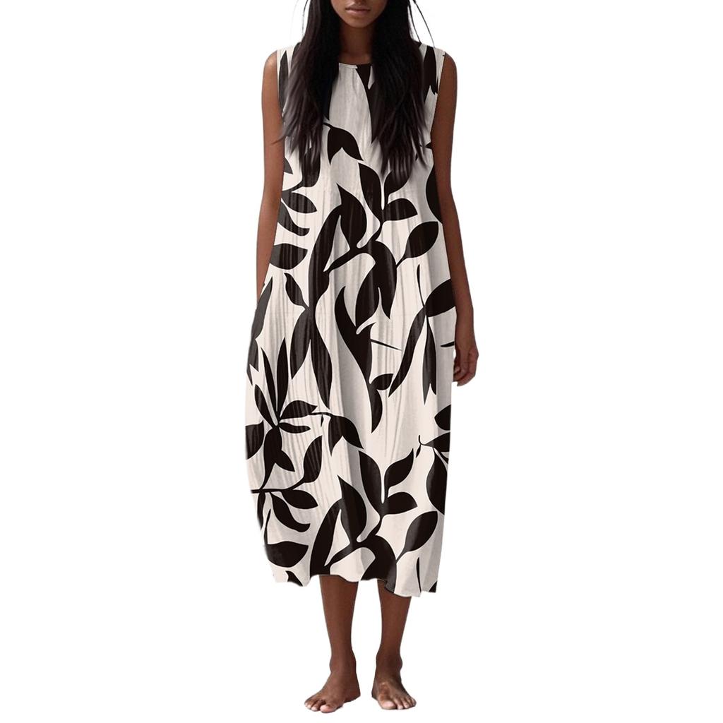 Abito da donna casual alla moda senza maniche con scollo rotondo, floreale, elegante, con temperamento