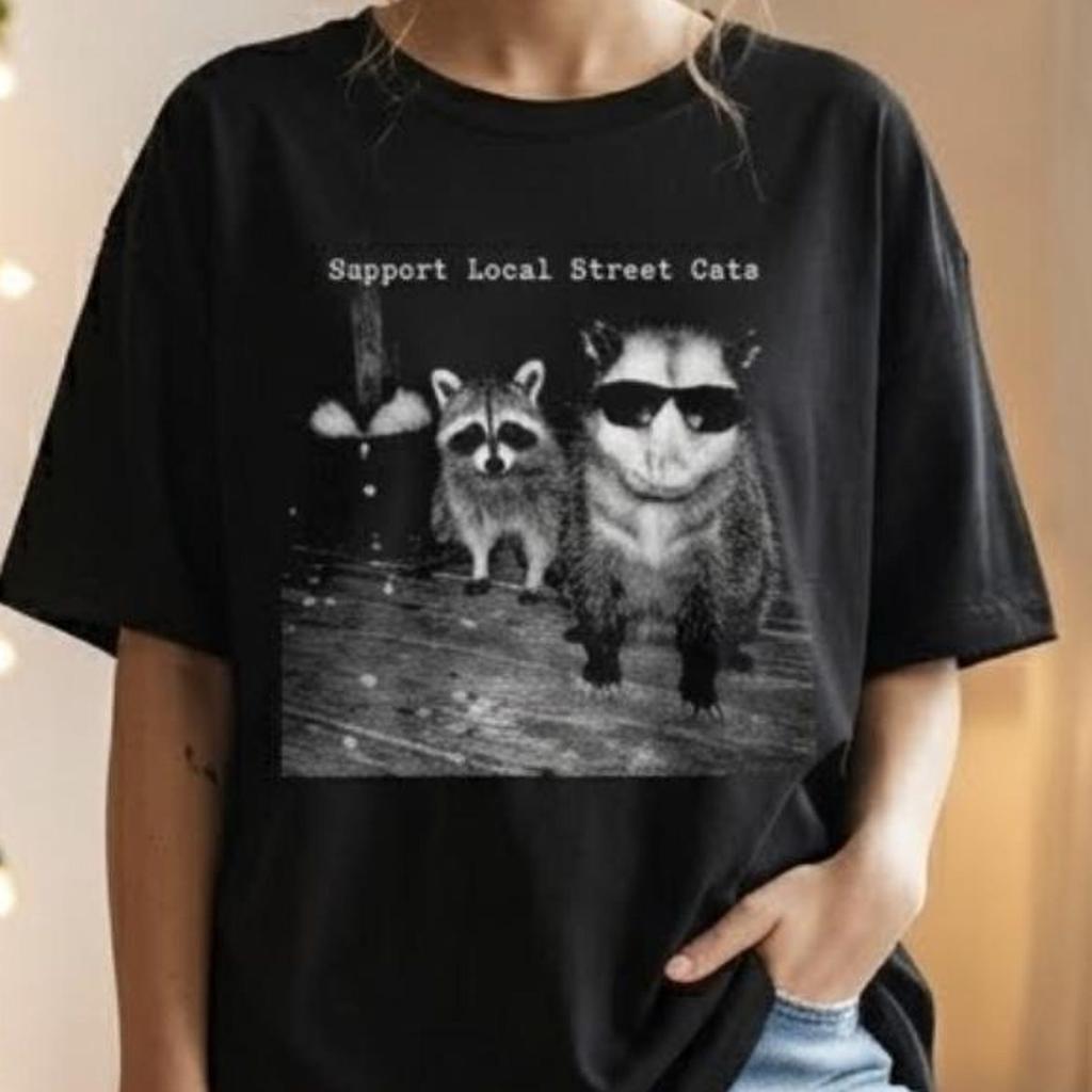 Support Local Street Cats Shirt, Funny Opossum Raccoon Tee, Vintage Animal Graphic T-Shirt, Cute Raccoon Lover Gift, Gildan 5000 Cozy Top