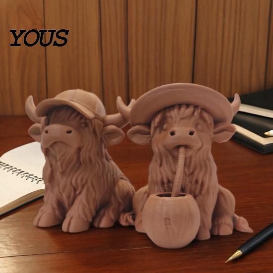3D Printed Cow Sculpture Rustic Highland Ornament, Terracotta Color Statue, Modern Home Accessory Cute Figurine for Desk Shelf Farmhouse