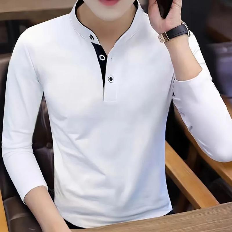 All Season Men's Manin Collar Polo Shirt Casual Slim Fit Long Sleeve Button Up Top