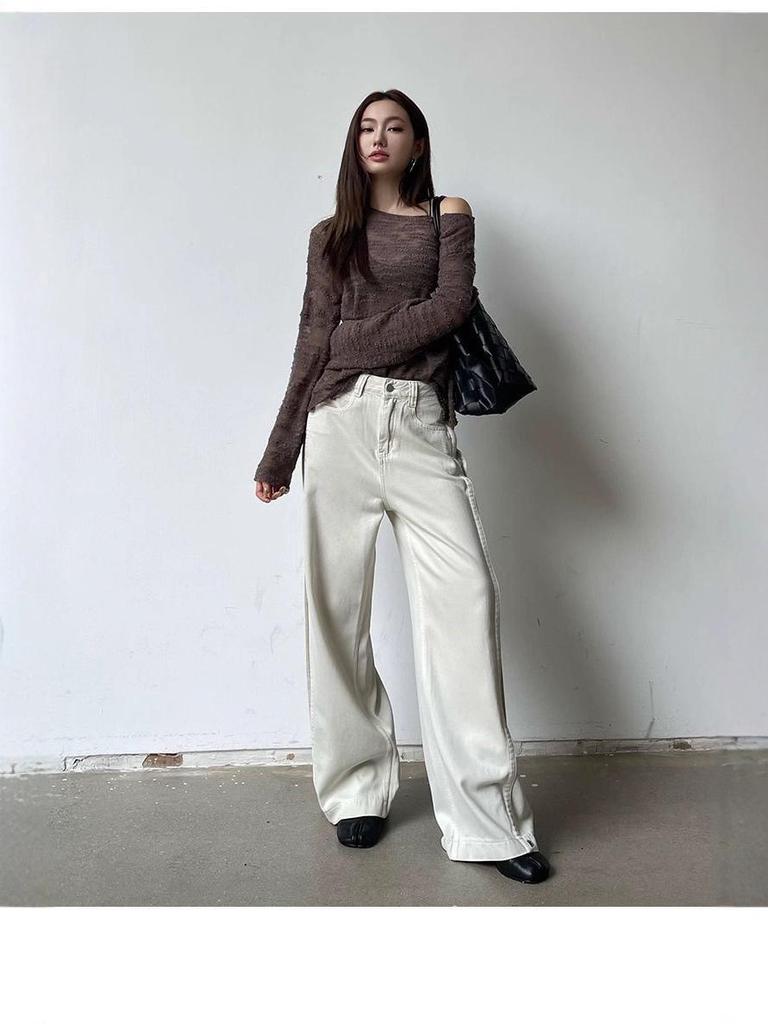 2025 Autumn/Winter Women's Off-White High-Waisted Retro Wide-Leg Jeans: Loose, Slimming, Floor-Length Straight-Leg Trousers.