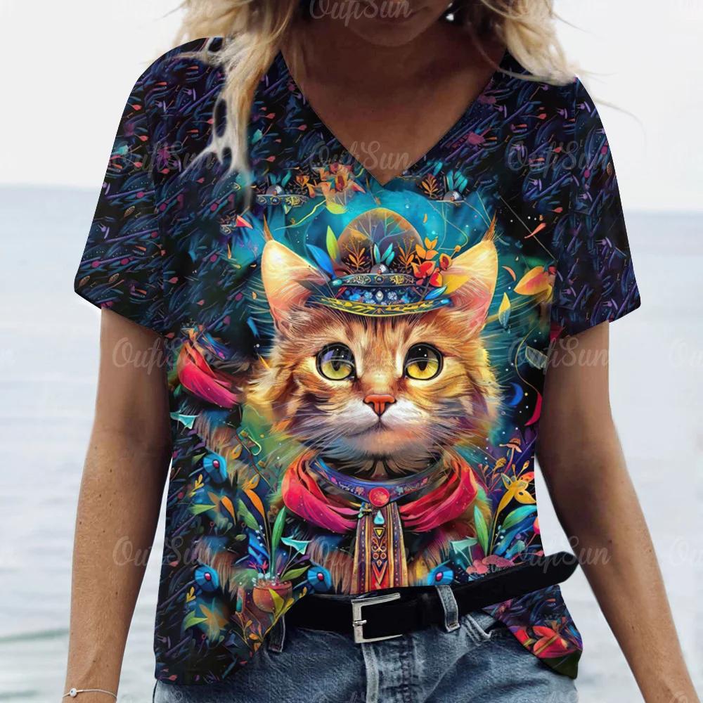 Summer Women Cute Cat T-shirt Fashion Trend V-Neck Tops Tees Female Casual Stylish Short Sleeve Clothing Ladies Vintage Outfit