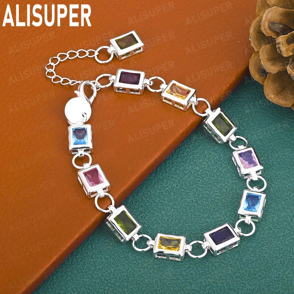 925 Sterling Silver Openwork Rectangular Bracelet Set With Exquisite AAA Zircon - Romantic Gift Jewelry 20cm