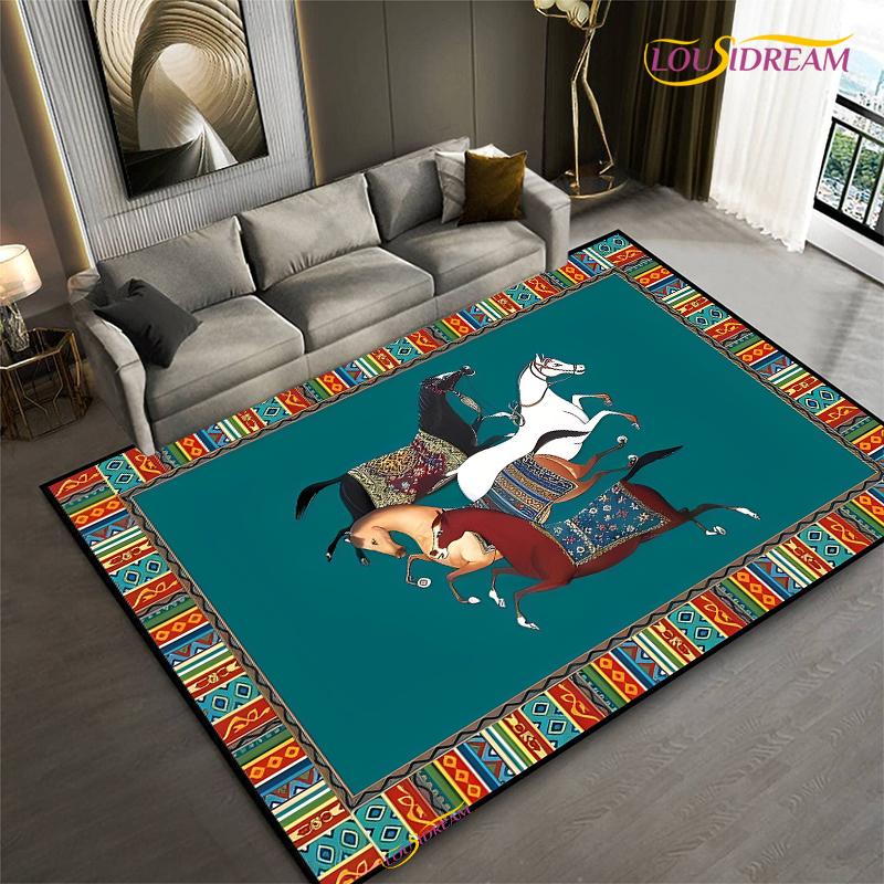 Fashion Ethnic Frame Carpet Horse Home Decor Rectangle Room Rug Black Green Orange Living Room Bedroom Bedside Floor Table Mat
