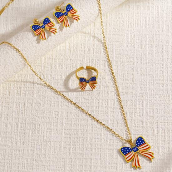 Yousheng 250th Anniversary Jewelry Set, USA Flag Pattern Bowknot Stud Earrings, Adjustable Fit Choker Necklace, Independence Day Commemorative Bow