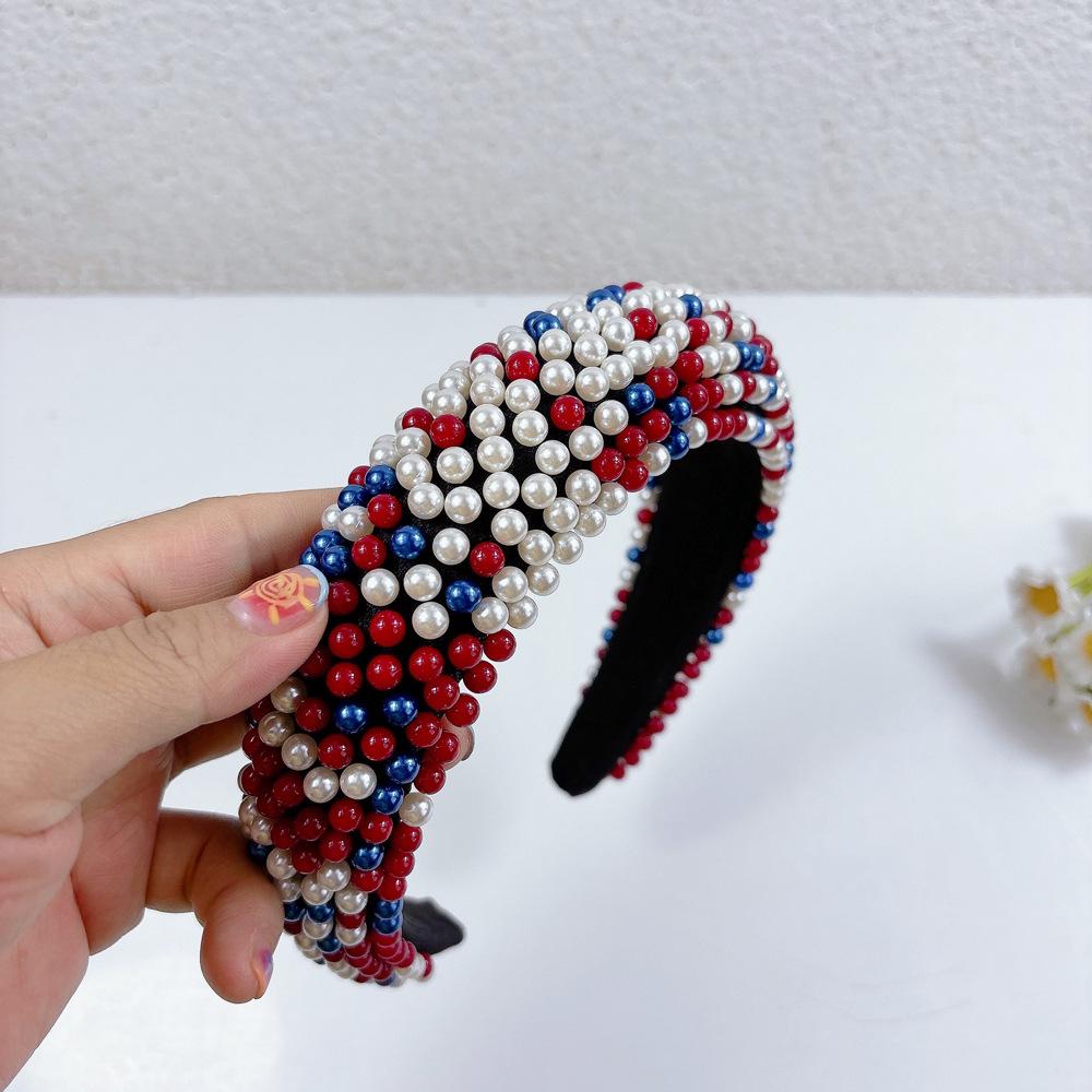 New American Red Blue Pearl Headbands Full Pearl Chain Hairband Festival Hair Accessories Luxury Wide Colorful Beaded Hair Bands