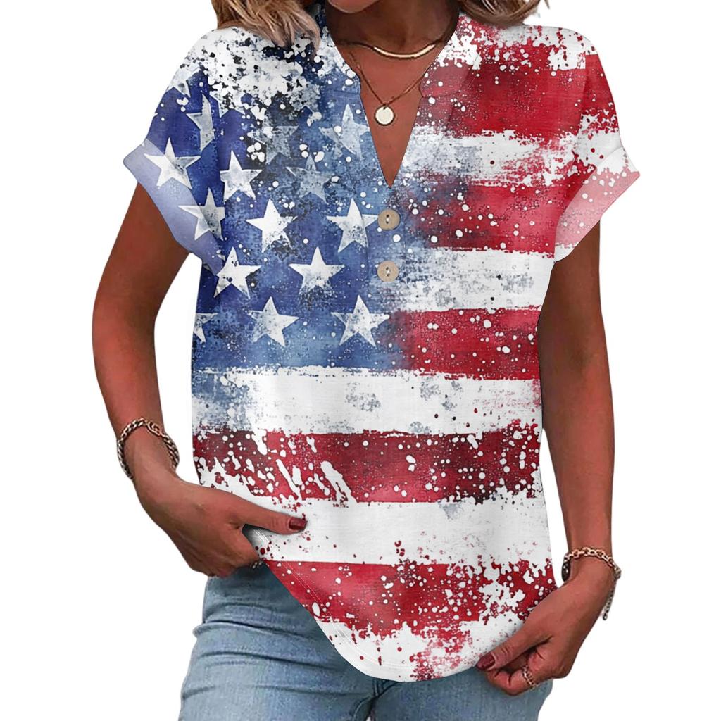 Women's Casual Fashion V-Neck Button Independence Day Print Short Sleeve Top