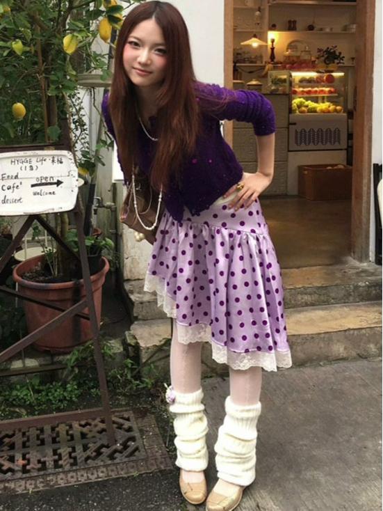 French Retro Asymmetrical Satin Patchwork Skirt with Lace and Polka Dots for Autumn