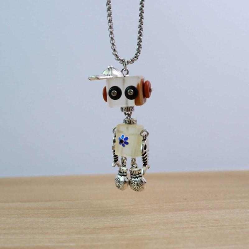 Wood Block Robot Pendant Necklace Adjustable Length Punk Neckchain Stylish Leather Cord Accessory Fade Resistant Chokers