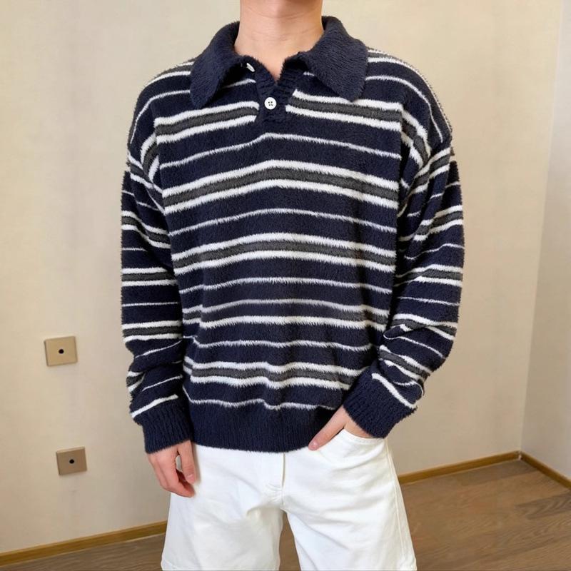 

Unisex Faux Mink Stripe Polo Neck Sweater: Autumn/Winter High-End Cool Knitwear Medium темно-синий