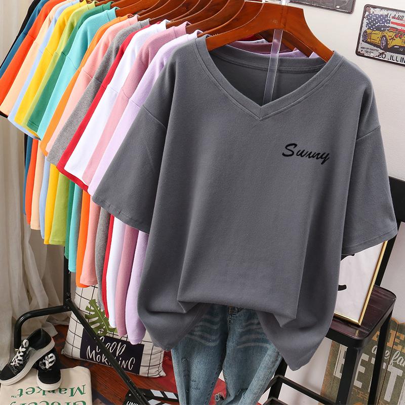 Short-sleeved T-shirt for Women Large Size Loose and Slimming Design Niche Pure Cotton V-neck Top That Covers The Belly