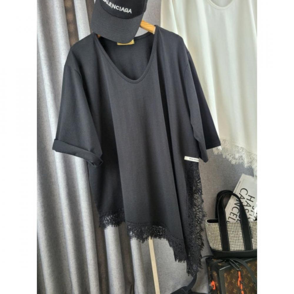 C S In The Room V neCk laCe Trim ShorT SleeVe T ShirT 2Color