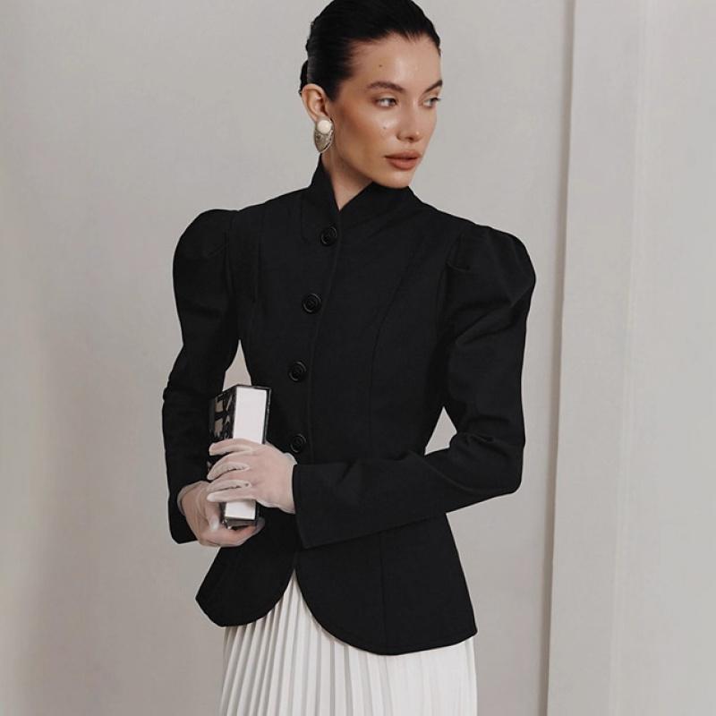 Chaqueta Elegante de Mangas Abullonadas Otoño e Invierno Para Mujer Blazer Negro Retro Elegante Francés con Cuello Alto