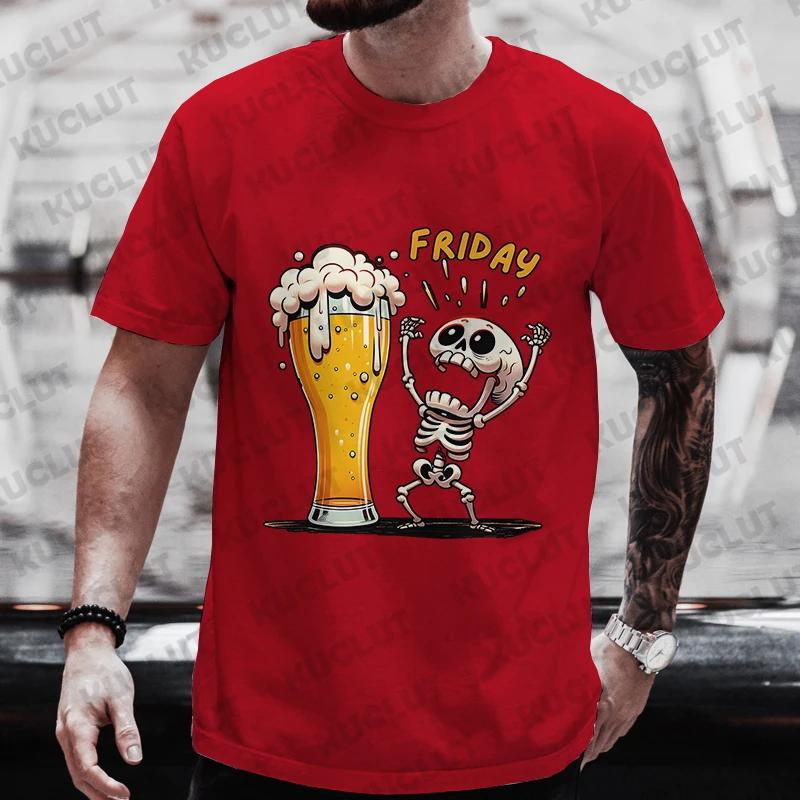 Cotton Men's T Shirt Skeleton Enjoying FRIDAY Beer Day Tees Men T-Shirt Finally Friday for Beer Lovers Male Clothes Short Sleeve Tops