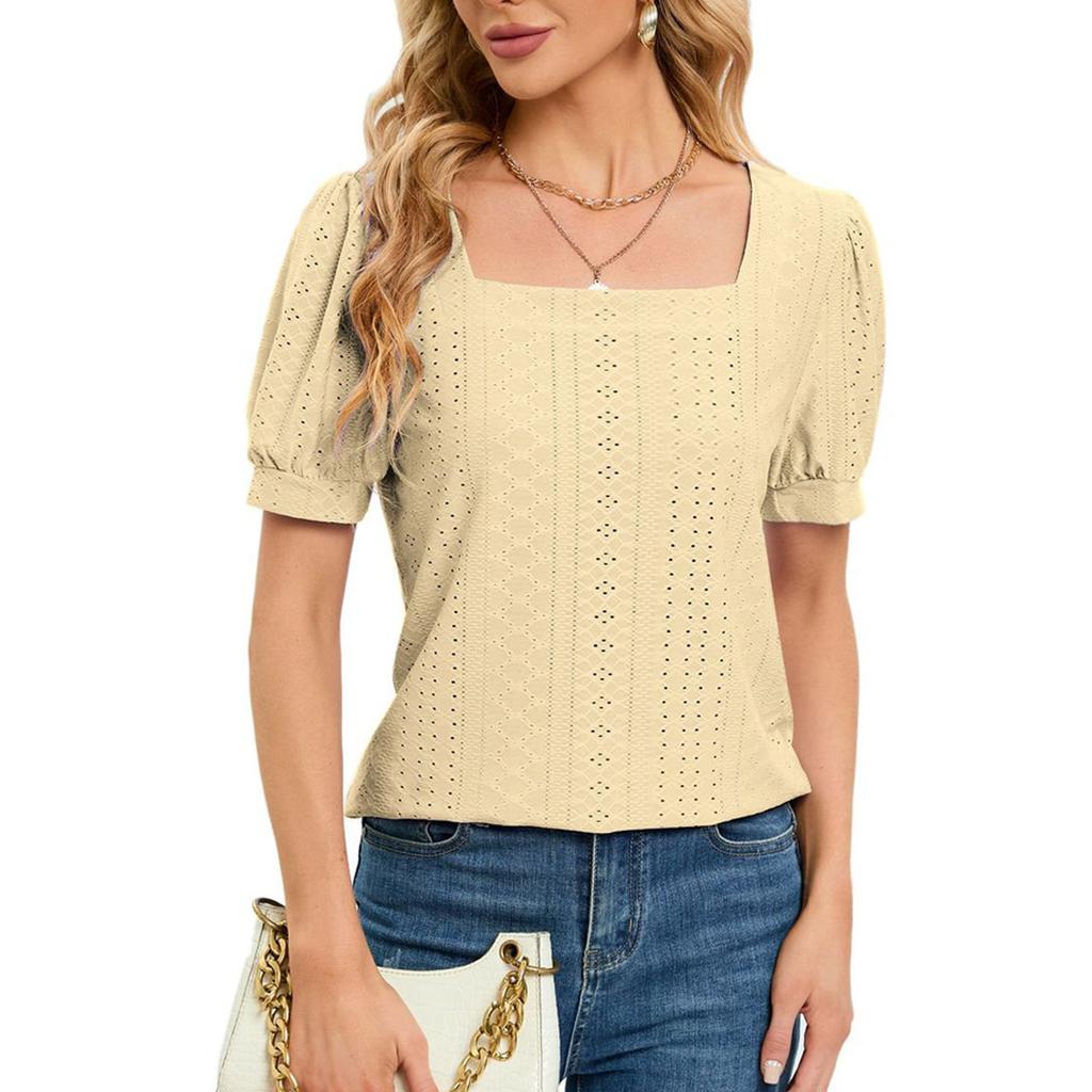 Women's Fashion Spring Summer Casual Square Collar Color Hollow Puff Sleeves Loose T-Shirt Tops