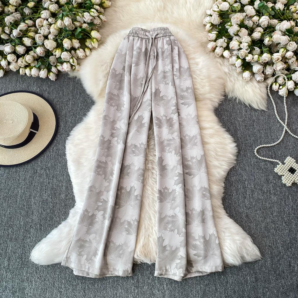 High Quality Ink-wash Acetate Satin Tie-Dye Rayon Wide-Leg Pants for Women Summer High-Waisted Slimming Loose-Fit Trousers