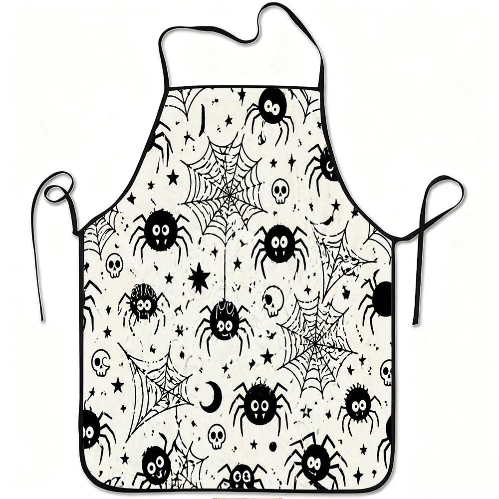 1pc Spider Web Skull Halloween Cartoon Print Apron, Durable and Easy To Clean, Adjustable Waistband, Polyester Material, for Kitchen Cooking, Gardenin