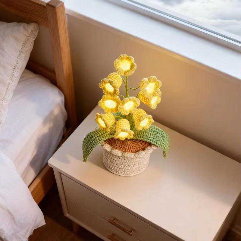 Lily of The Valley Crochet Flowers Artificial Potted Flower with Night Lights Cordless Table Lamp Ornament Desk Home Decorations