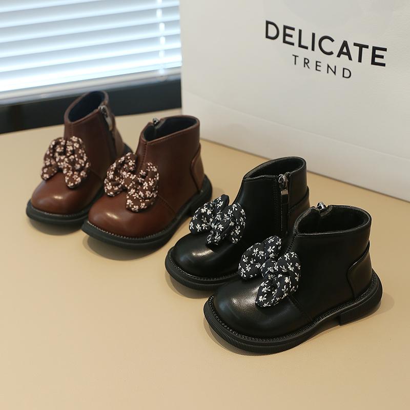 2024 Neue Mädchenstiefel Vielseitiger Blumendruck Schleife Schlichte Kinder Stiefeletten Seitenreißverschluss Mode Kinder Chelsea Boots Drop Shipping