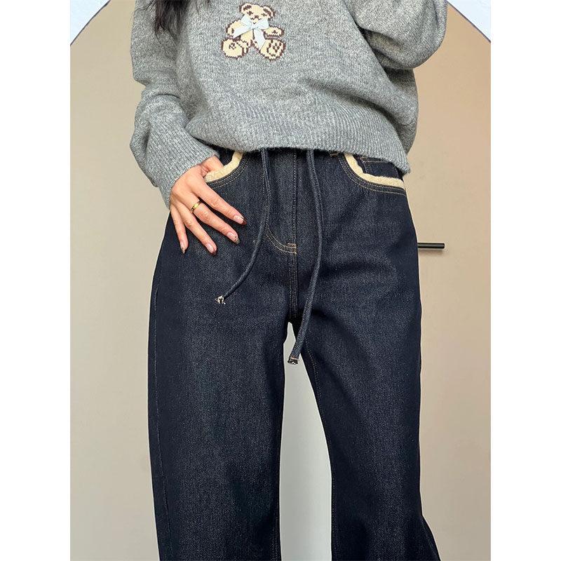 Women's Plus Size Dark Blue Fleece-Lined High Waist Straight Leg Jeans - Winter New Arrivals