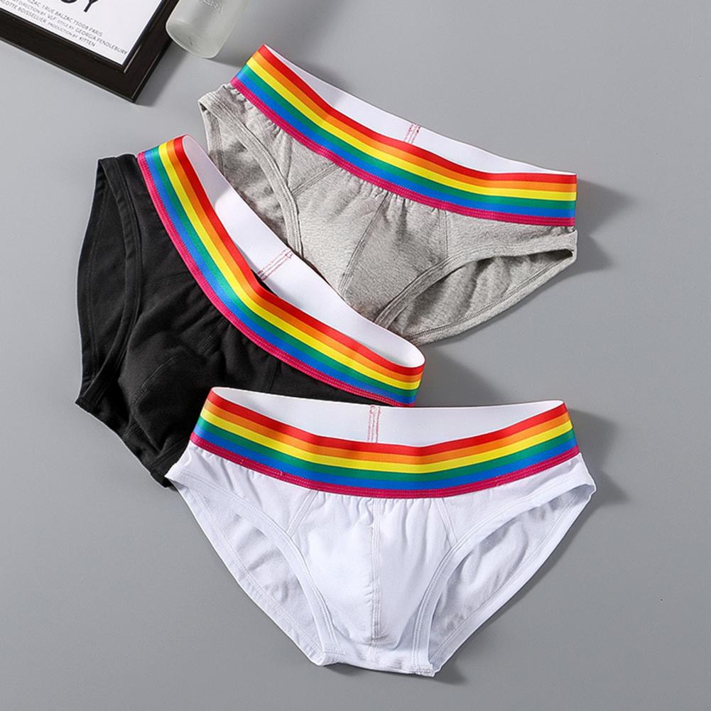 Men Briefs Mid Waist Elastic Rainbow Color Anti-septic U Convex Contrast Color No Constraint Everyday Men Underpants Sport Underwe